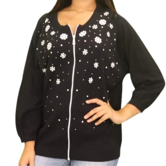 Sweater Cathy Daniels Cardigan Black Jacket Floral Women's WOMAN'S Extra Large - Picture 1 of 11